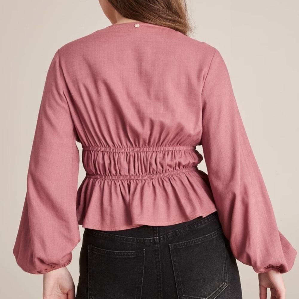$10 item! Dusty Rose Puff Sleeve tie front linen blend Women's Top size 12P - Picture 2 of 8